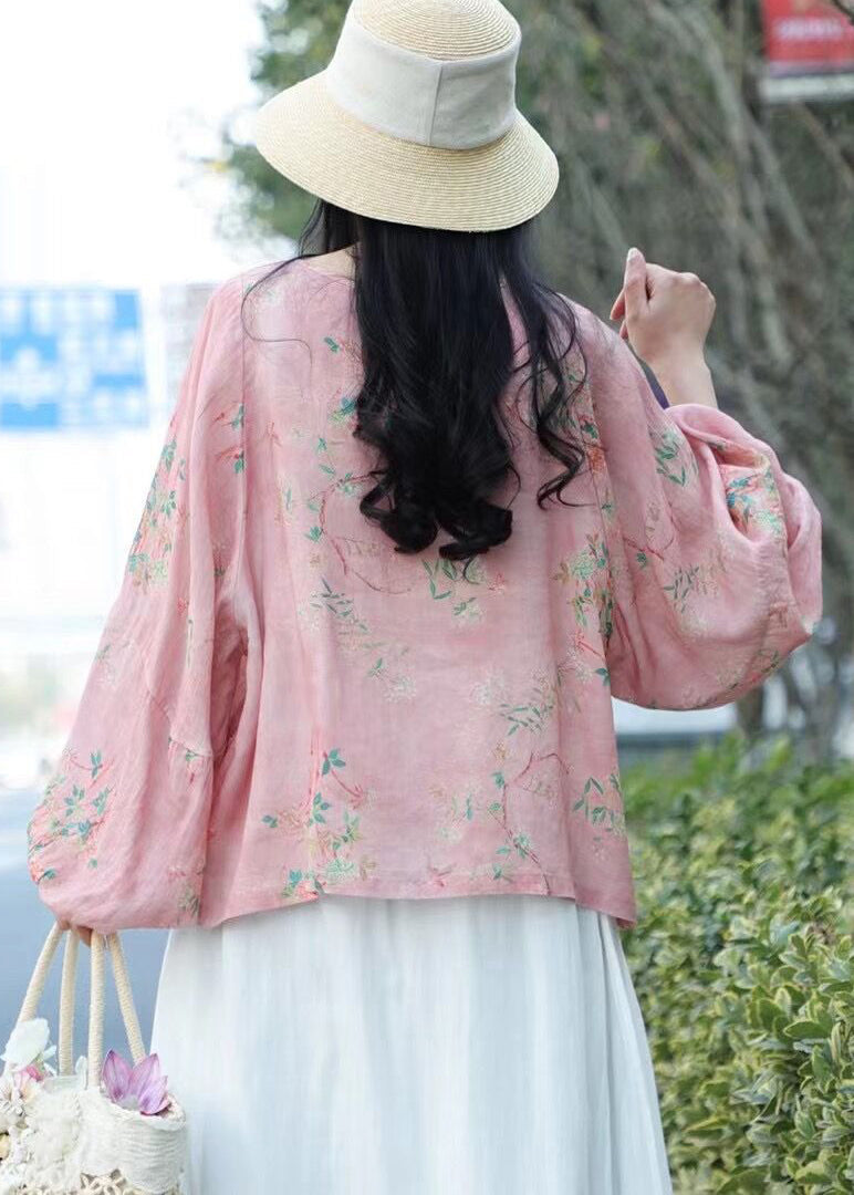 Pink Print Linen Blouse Tops Lantern Sleeve