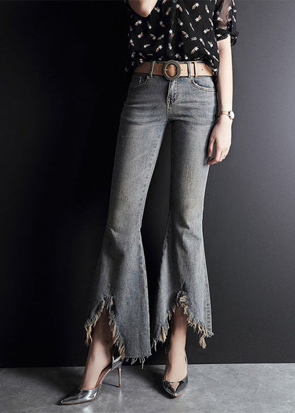 Light Blue Asymmetrical Pockets Cotton Denim Flare Pants Summer
