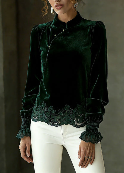 Blackish Green Hollow Out Shirts Lantern Sleeve
