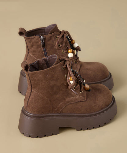 Camel Boots Platform Suede Splicing Lace Up