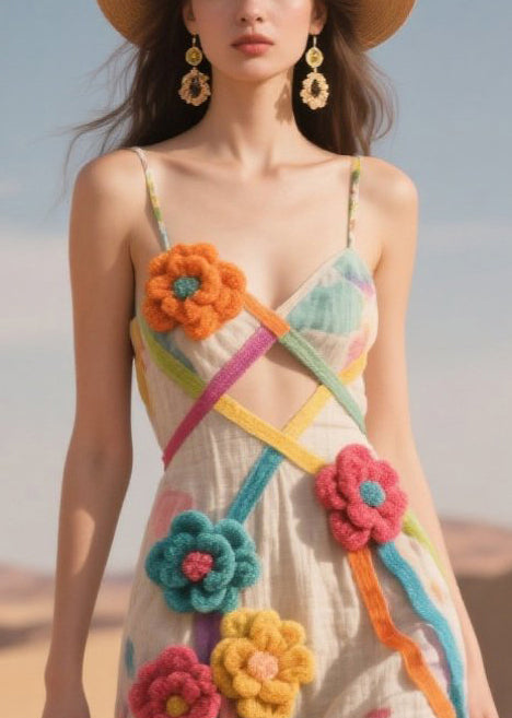 Fine Multicolored Flower Decorated Cotton Tea Dress Summer