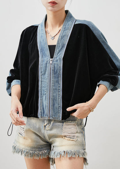 Black Zip Up Patchwork Silk Velvet Denim Coats Spring