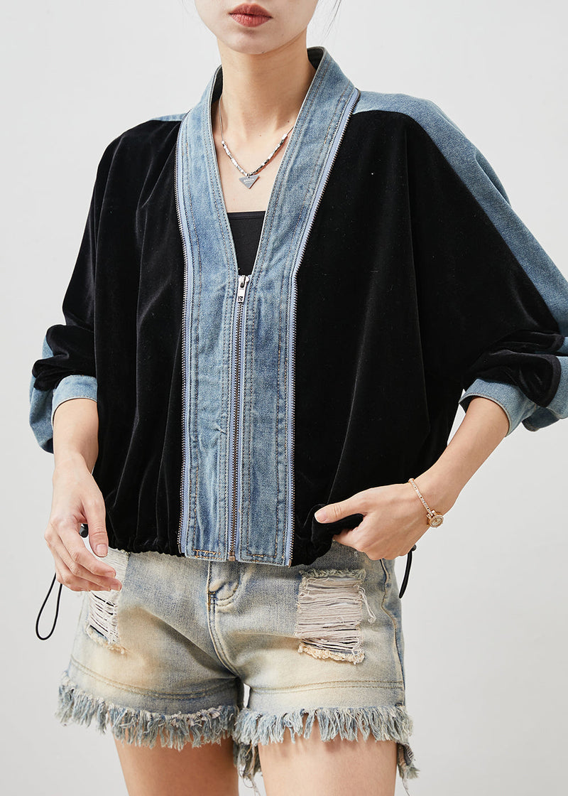 Black Zip Up Patchwork Silk Velvet Denim Coats Spring