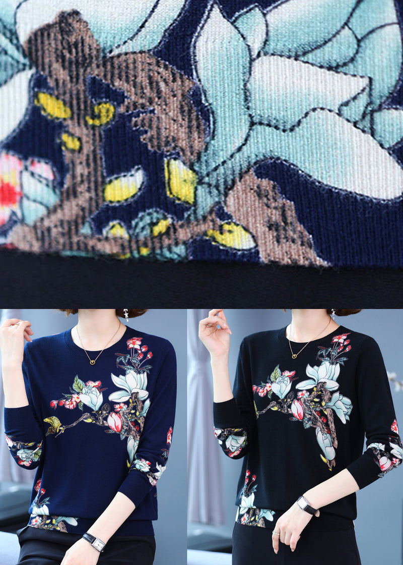 Black Print Woolen Knit Tops O Neck Spring