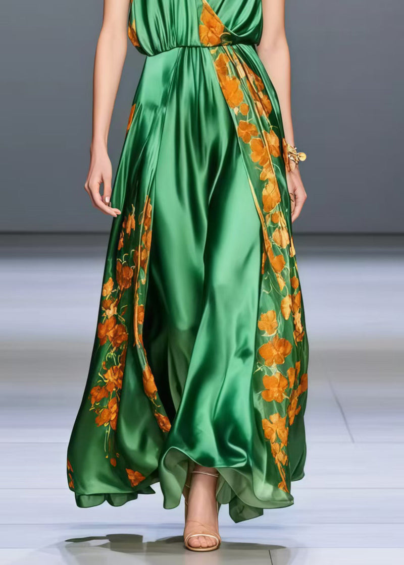 Peacock Green V Neck Print Silk Holiday Dress Sleeveless