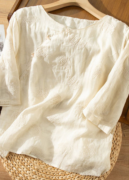 Beige O-neck Embroidered Linen Shirt Top Summer