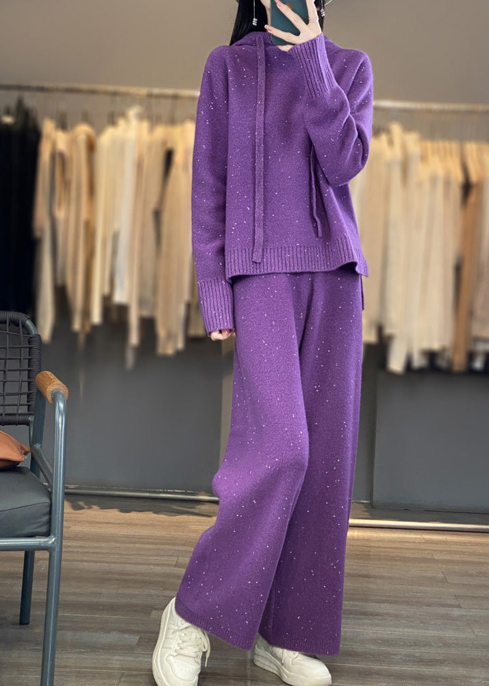 Organic Black Hooded Sweaters and Pants Woolen Two Pieces Set Fall