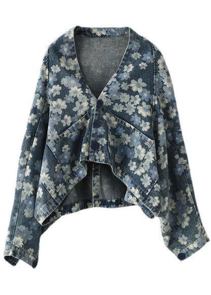 Italian Blue Print Denim Long Sleeve V Neck Top