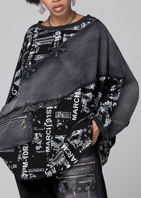 Black Graphic Patchwork Denim Top Spring