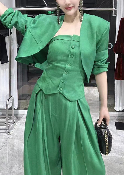 Green V Neck Coats Tube Top and Wide Leg Pants Three Pieces Set Long Sleeve