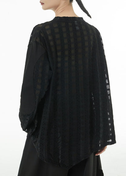 Black Asymmetrical Patchwork Cotton Top Spring