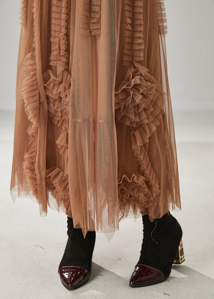 Classy Brown Ruffled Stereoscopic Tulle Skirt Spring