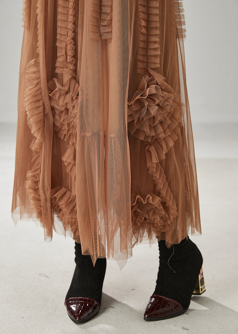 Classy Brown Ruffled Stereoscopic Tulle Skirt Spring