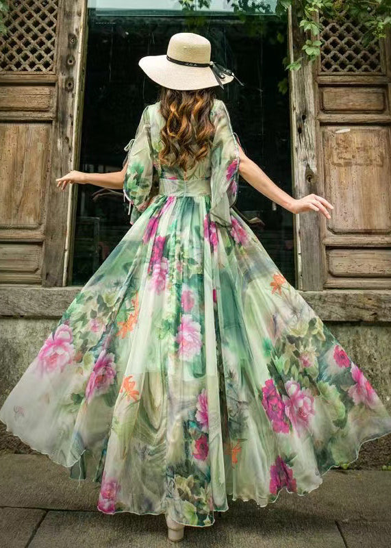Stylish Green V Neck Chiffon Beach Long Dresses Flared Sleeve