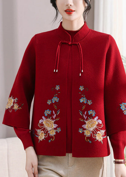 Red Embroidered Cotton Knit Cardigans and Sweater Two Pieces Set Fall
