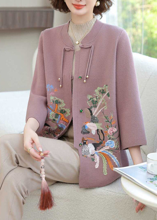 Purple Wool Knit Cardigan Embroidered Long Sleeve