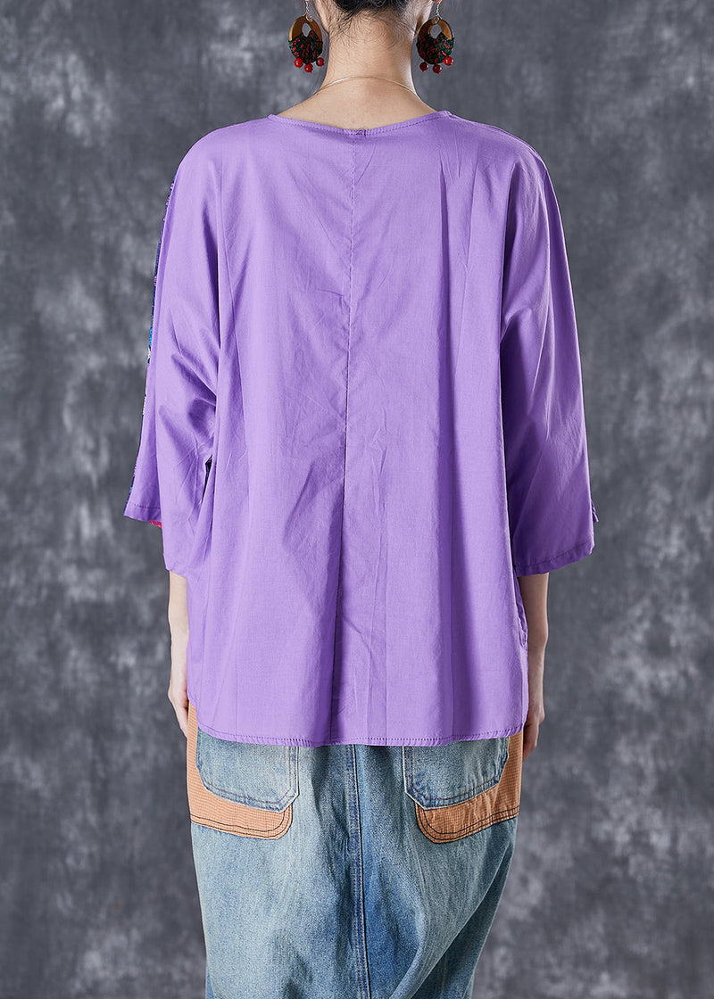 Purple Asymmetrical Print Linen Shirt Tops Summer