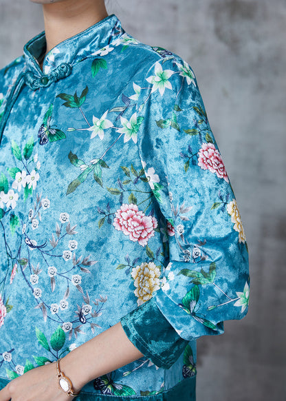 Royal Green Patchwork Silk Velour Oriental Top Tasseled Print Fall