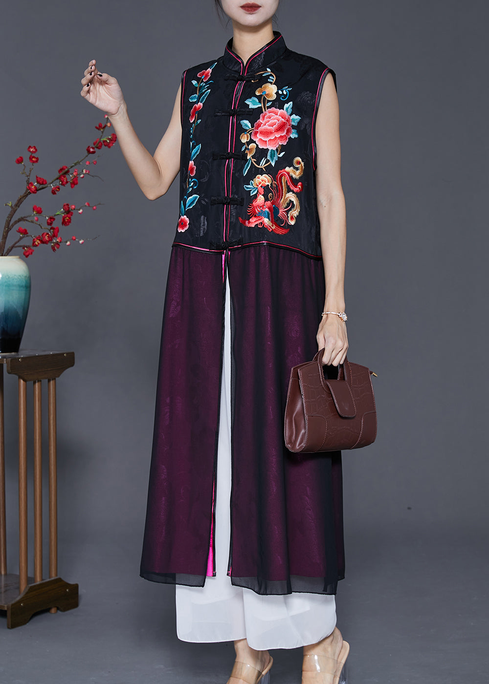 Black Embroideried Patchwork Silk Long Vest Fall