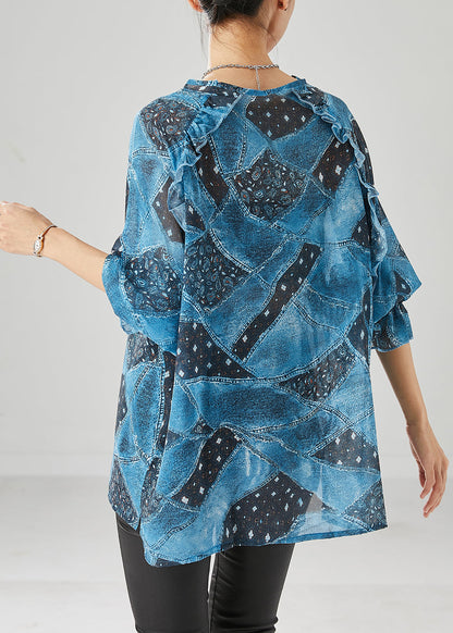 Blue Ruffled Print Chiffon Tanks Fall
