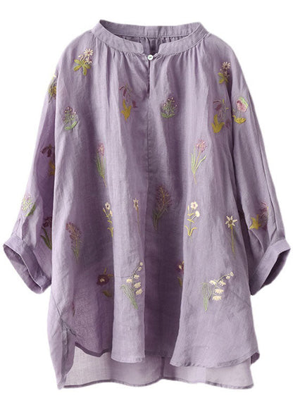 Purple Embroideried Loose Fall Three Quarter Sleeve Top