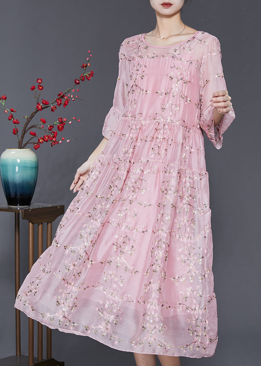Pink Embroidered Silk Party Dress Bracelet Sleeve