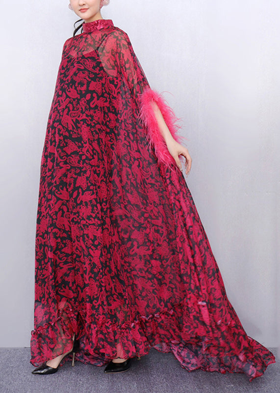 Stylish Purple Turtleneck Print Tulle Patchwork Party Maxi Dress Half Sleeve Fall