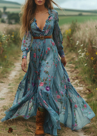 Blue V Neck Ruffled Print Cotton Maxi Dresses Spring