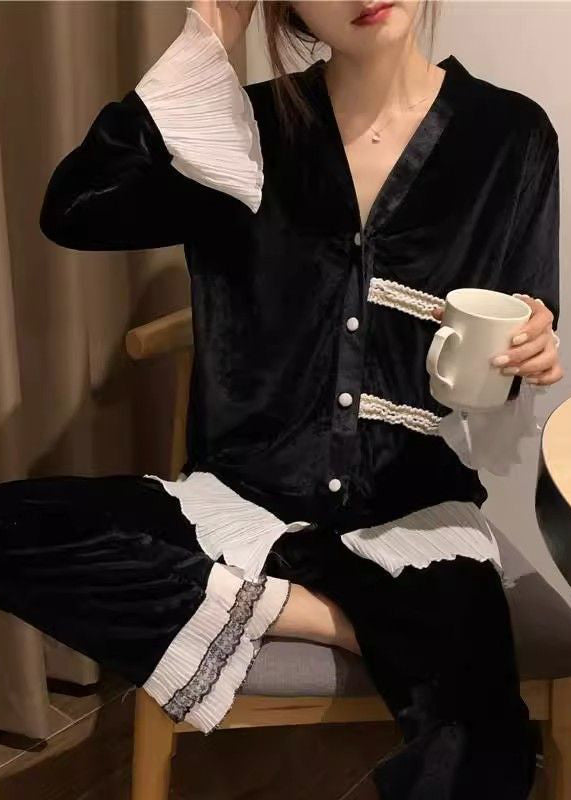 Black V Neck Lace Patchwork Silk Velvet Two Pieces Set Spring