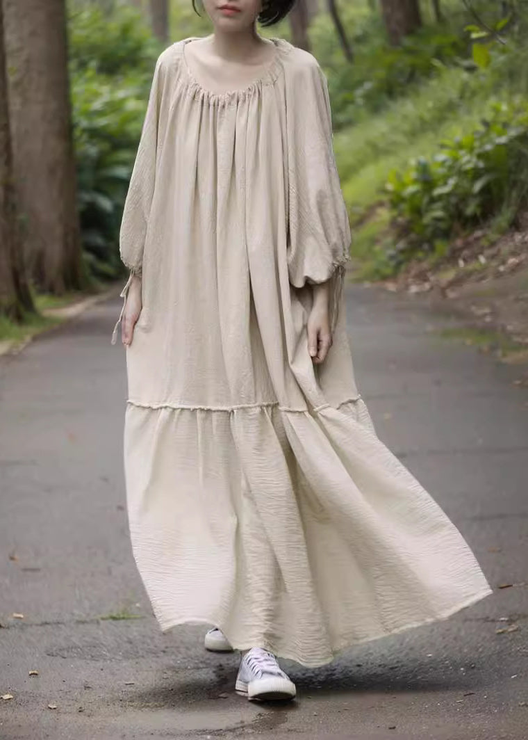 Beige O-neck Drawstring Patchwork Maxi Dress Bracelet Sleeve