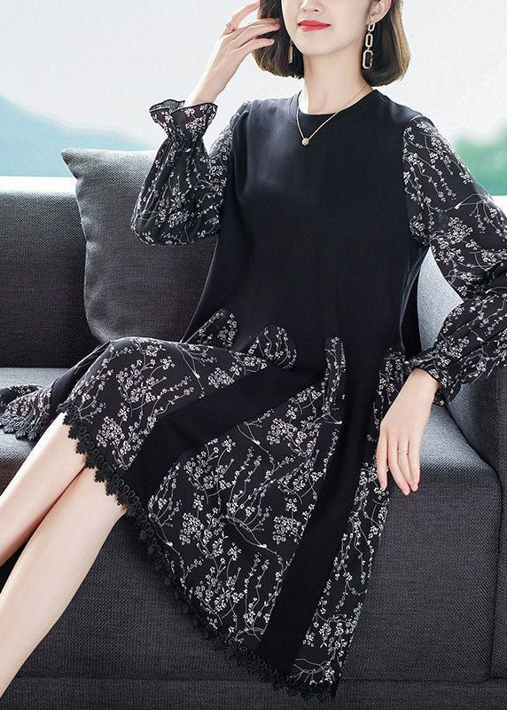 Black Oversized Patchwork Print Chiffon Robe Dresses Spring
