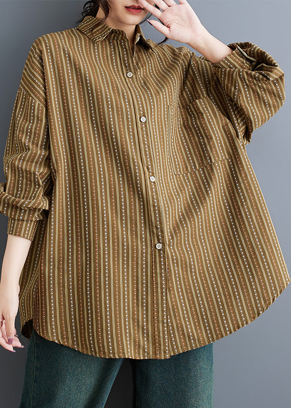 Khaki Peter Pan Collar Striped Cotton Shirts Spring