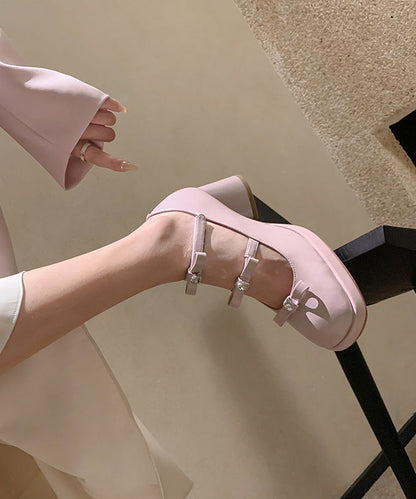 White Chunky Heels Cowhide Leather Splicing Bow