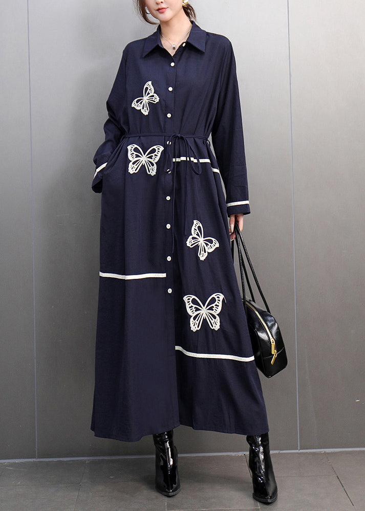 Black Peter Pan Collar Print Long Dress Spring