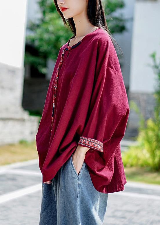 Wine Red Tasseled Linen T Shirt O-neck Fall