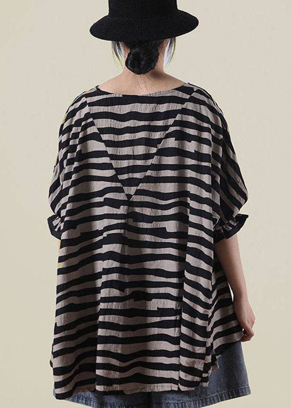 Black Loose O-neck Ruffled Fall Striped Shirt Top Half Sleeve