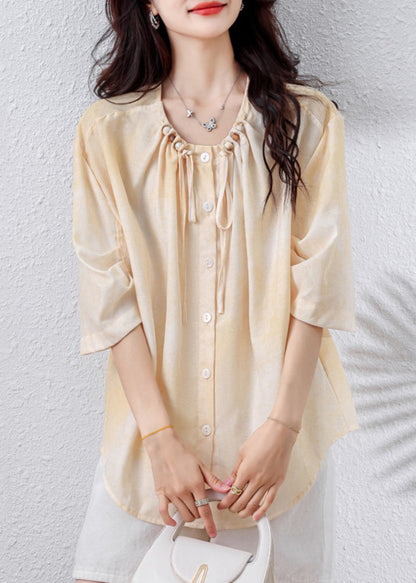 Apricot Drawstring Nail Bead Cotton Blouse Top Half Sleeve