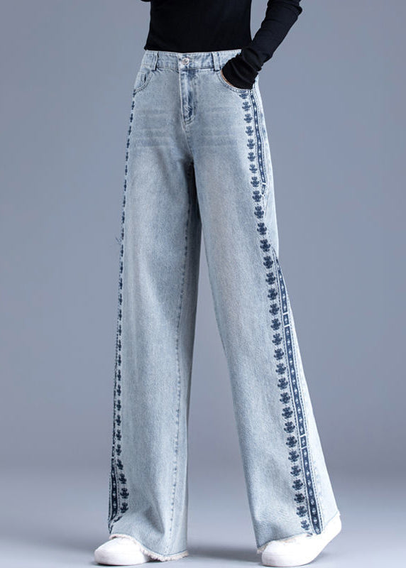 Blue Embroidered Pockets Patchwork Denim Pants Spring