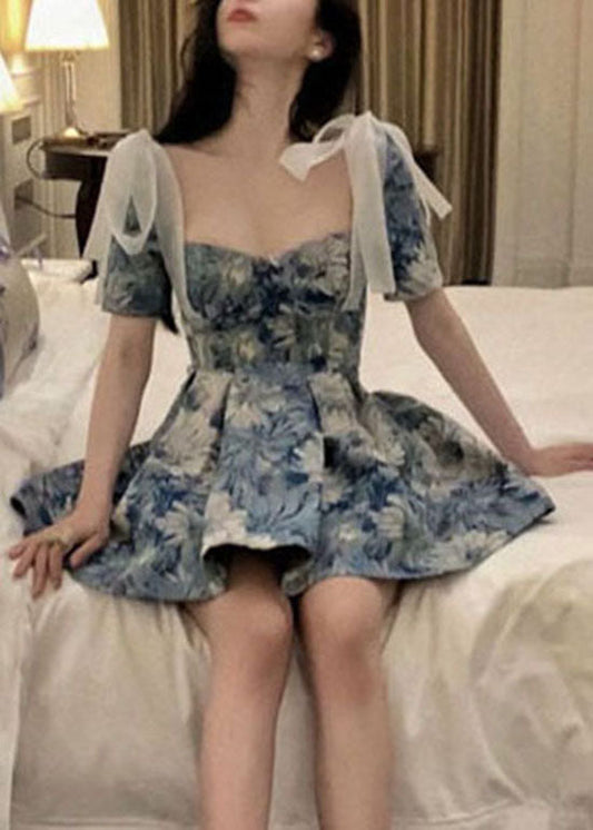 Slim Fit Blue Bow Cinched Print Short Dresses Short Sleeve