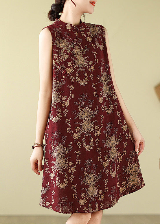 New Retro Mulberry Mandarin Collar Print Cotton a Line Dress Sleeveless