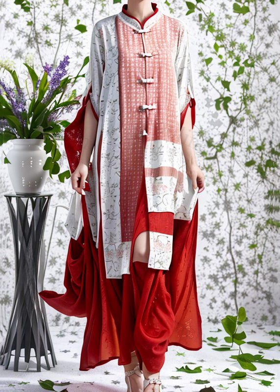 Red Stand Collar Oriental Button Silk Dresses Summer