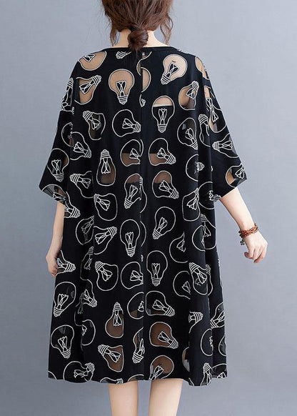 Fine Black O-neck Loose Summer Jacquard Dresses Half Sleeve