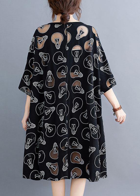 Fine Black O-neck Loose Summer Jacquard Dresses Half Sleeve
