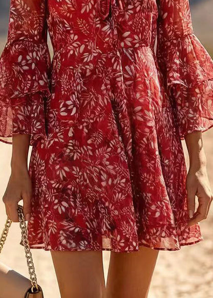 Classy Red V Neck Print Chiffon Holiday Dress Summer