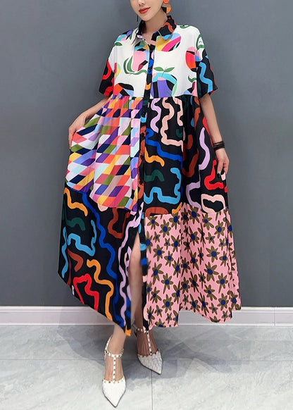 Photo Color Button Print Pockets Cotton Shirt Dress Summer