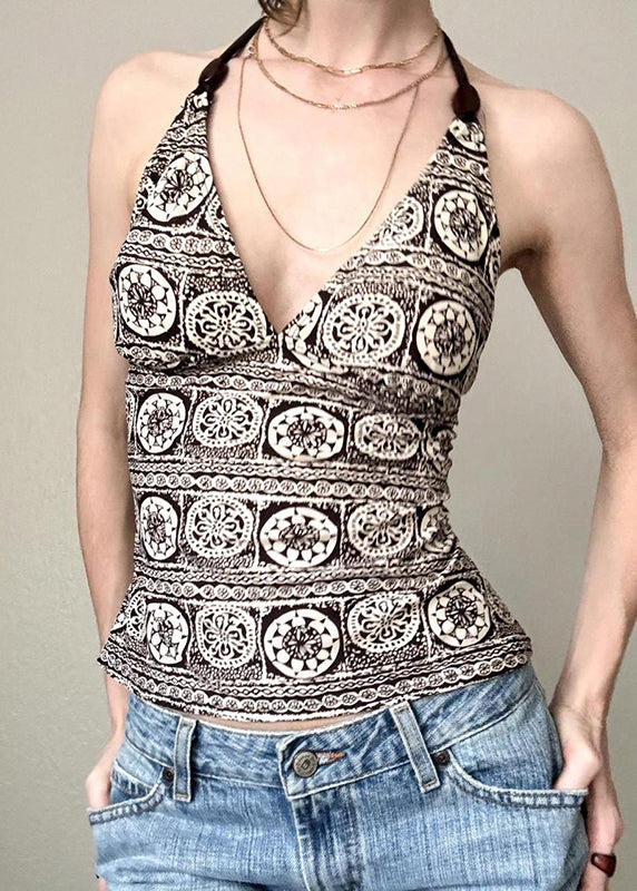 V Neck Print Backless Lace Up Cotton Tank Sleeveless