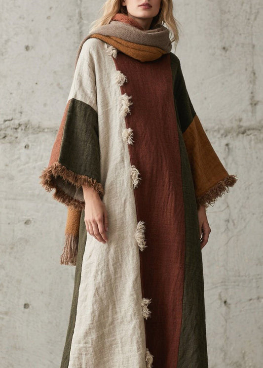 Colorblock Tassel Patchwork Cotton Long Dresses Fall