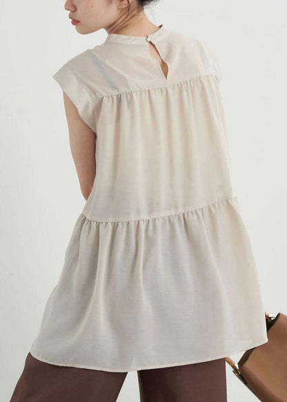 Apricot Slim Fit Pleated Cotton Long Shirt Sleeveless