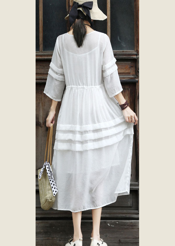 White Tie Waist Patchwork Cotton Dress Two Pieces Set Summer
