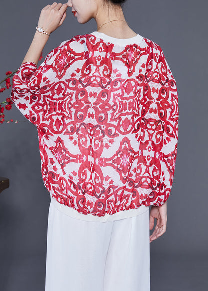 Red Oversized Print Drawstring Cotton Tanks Batwing Sleeve